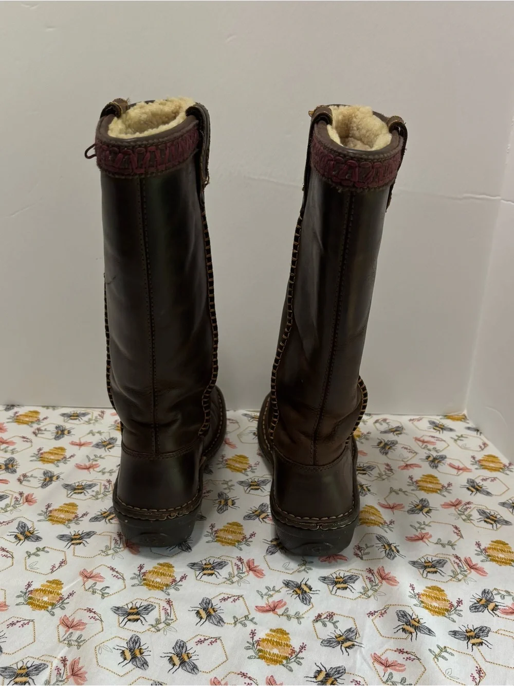 Brown Leather Shearling-Lined Knee Boots with Pink Trim